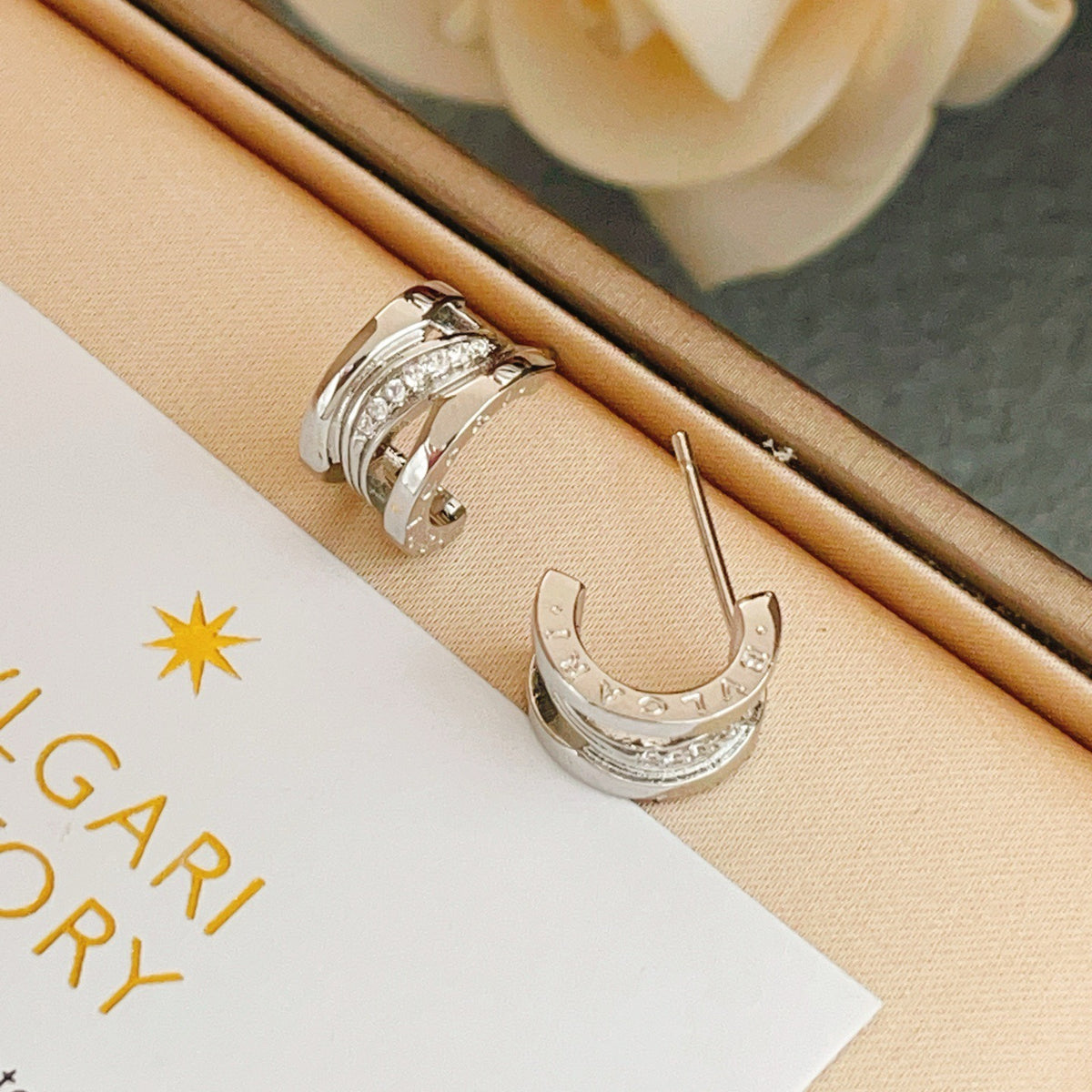silver brass crystal inlaid Stud Earrings for women - alternate angle view 5