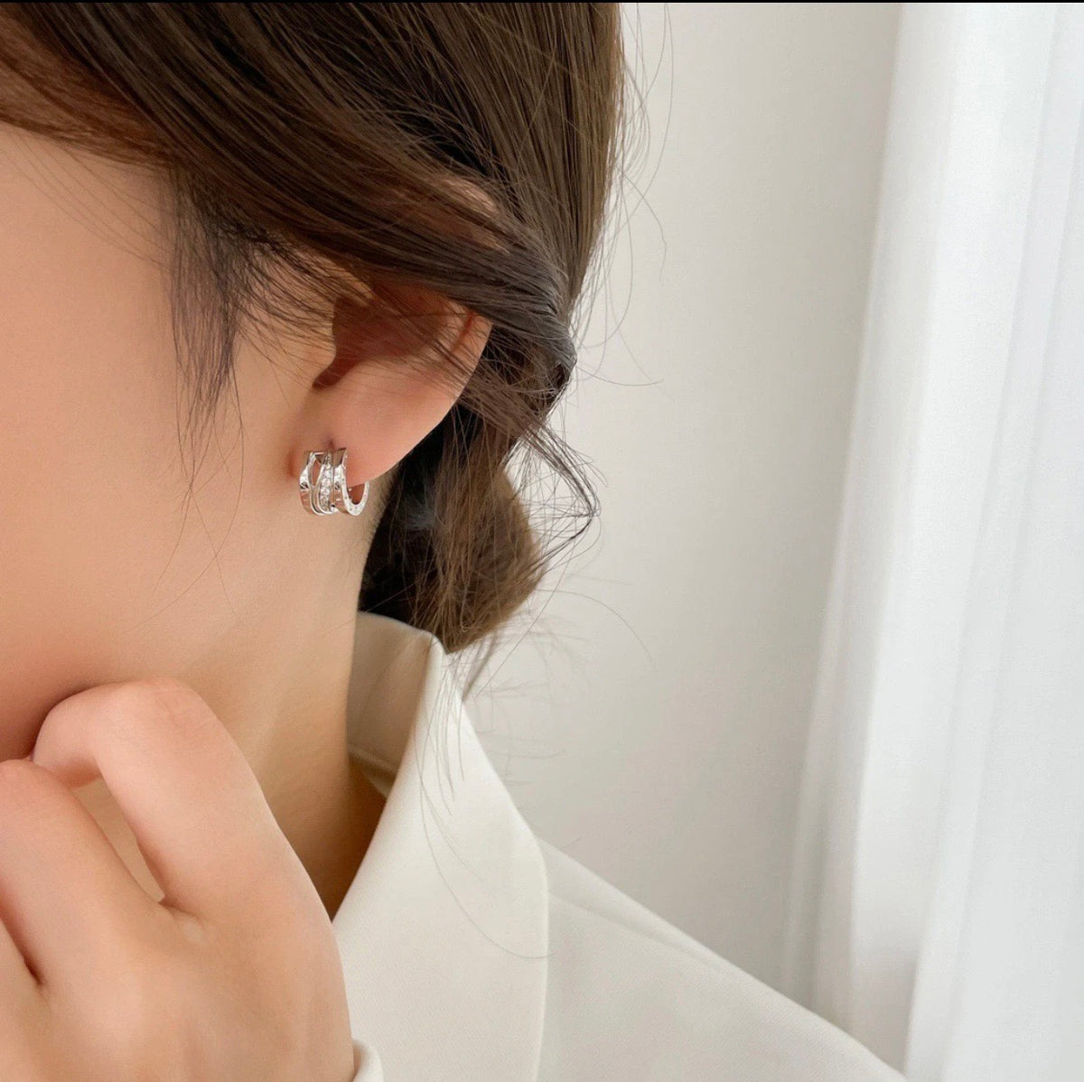 silver brass crystal inlaid Stud Earrings for women - alternate angle view 7