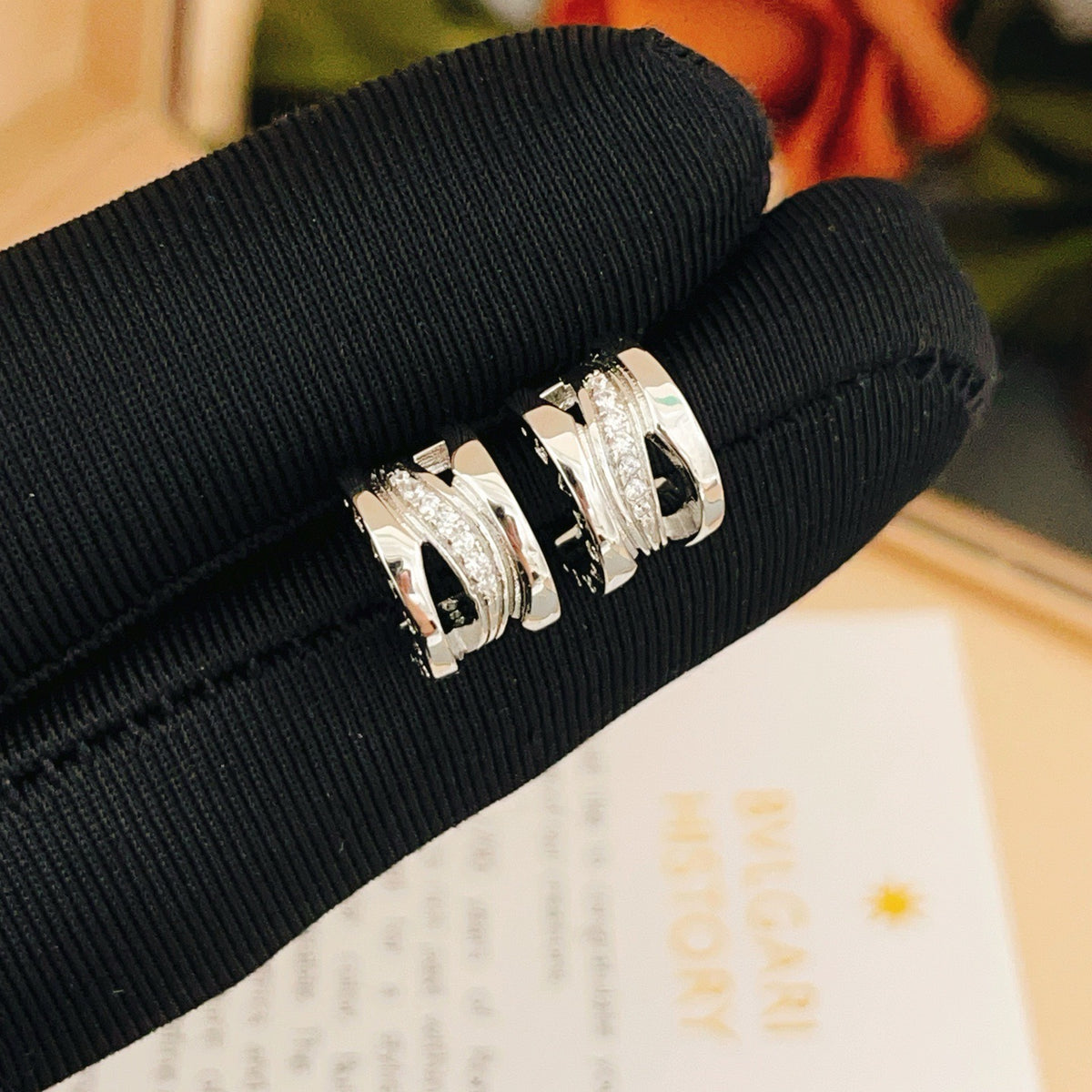 silver brass crystal inlaid Stud Earrings for women - alternate angle view 4