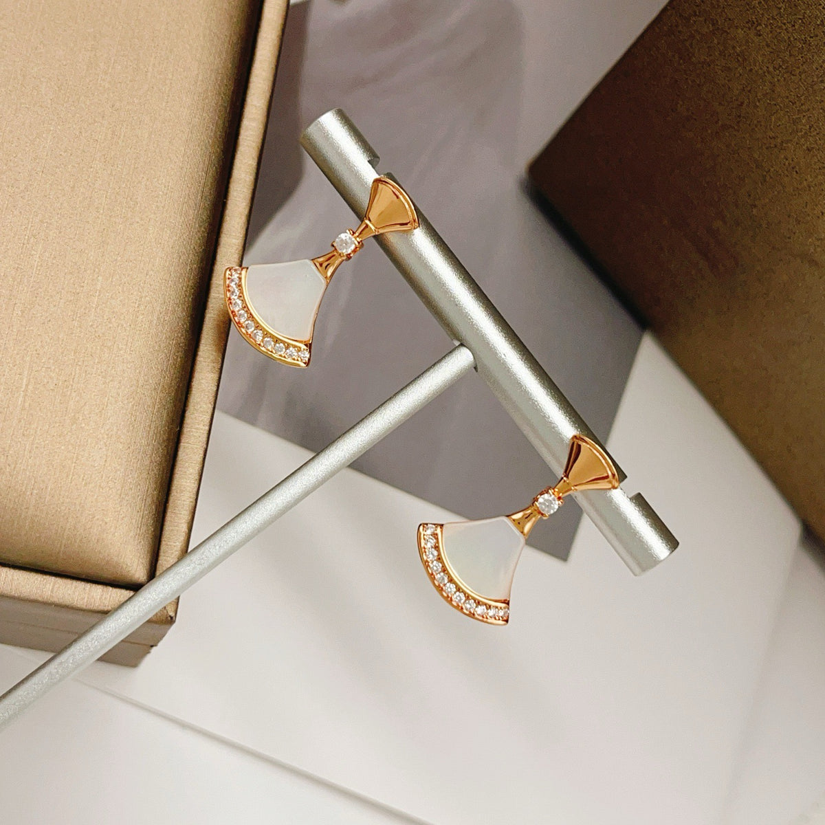 rose gold brass rose Stud Earrings for women - alternate angle view 6