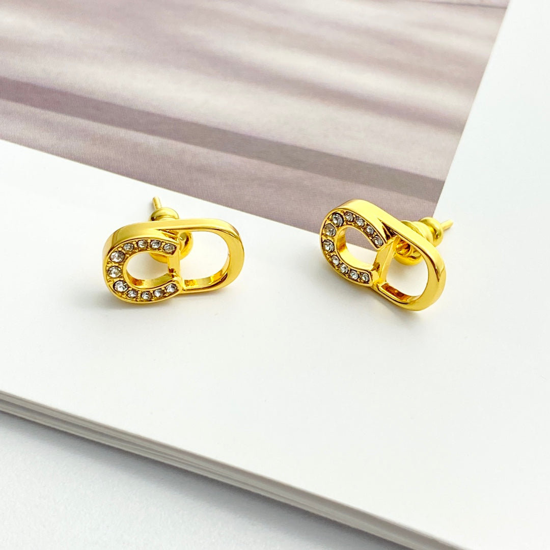 gold crystal inlaid Stud Earrings for women - alternate angle view 3