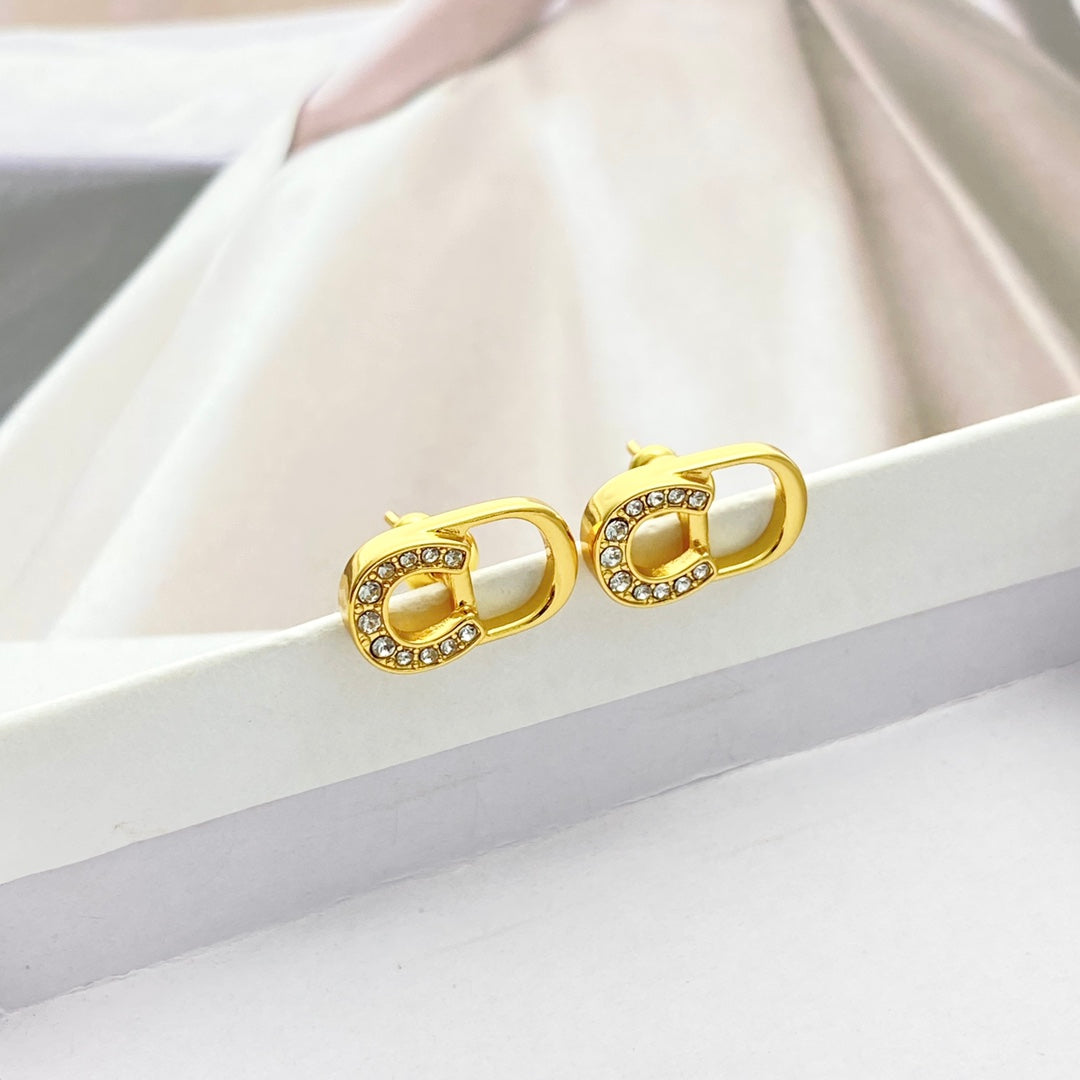 gold crystal inlaid Stud Earrings for women - alternate angle view 6