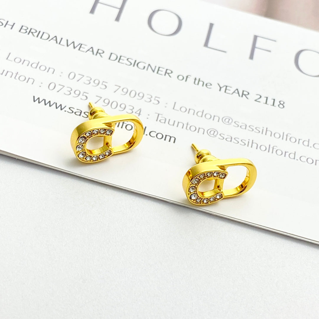 gold crystal inlaid Stud Earrings for women - alternate angle view 2