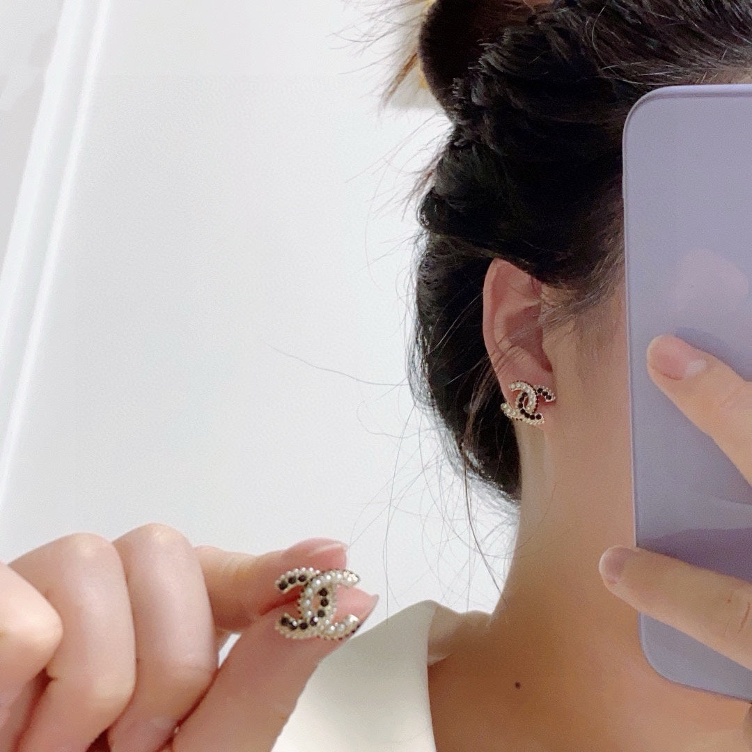 black silver post double c Stud Earrings for women - product detail view