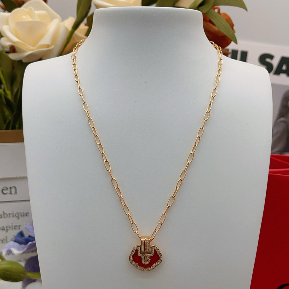 rose gold brass rose Necklace for women - alternate angle view 8