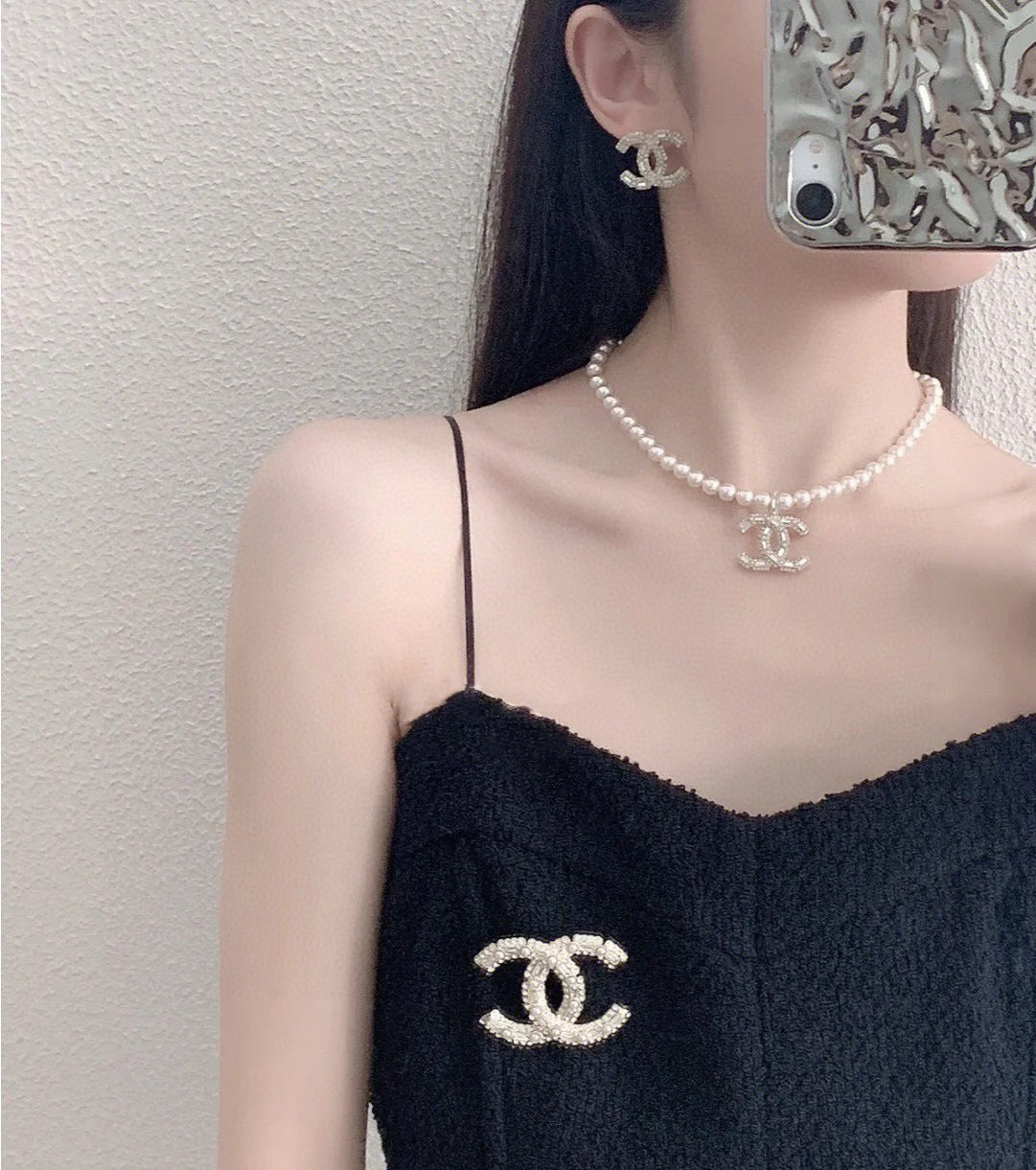 gold crystal double c Drop Earrings for women - alternate angle view 5