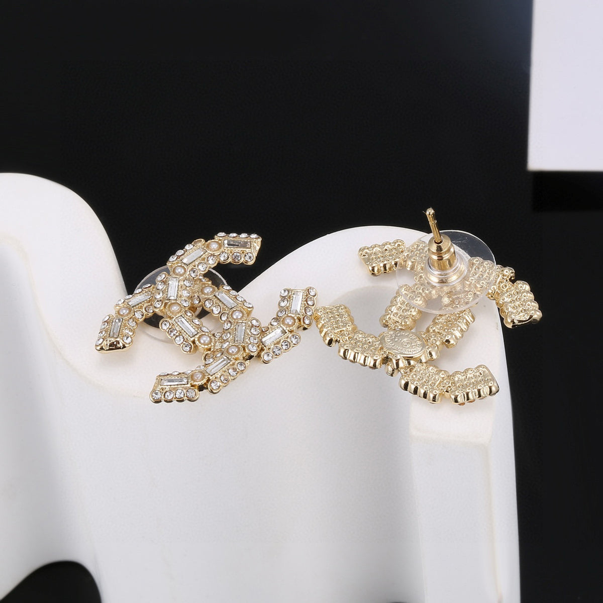 gold crystal double c Drop Earrings for women - alternate angle view 3
