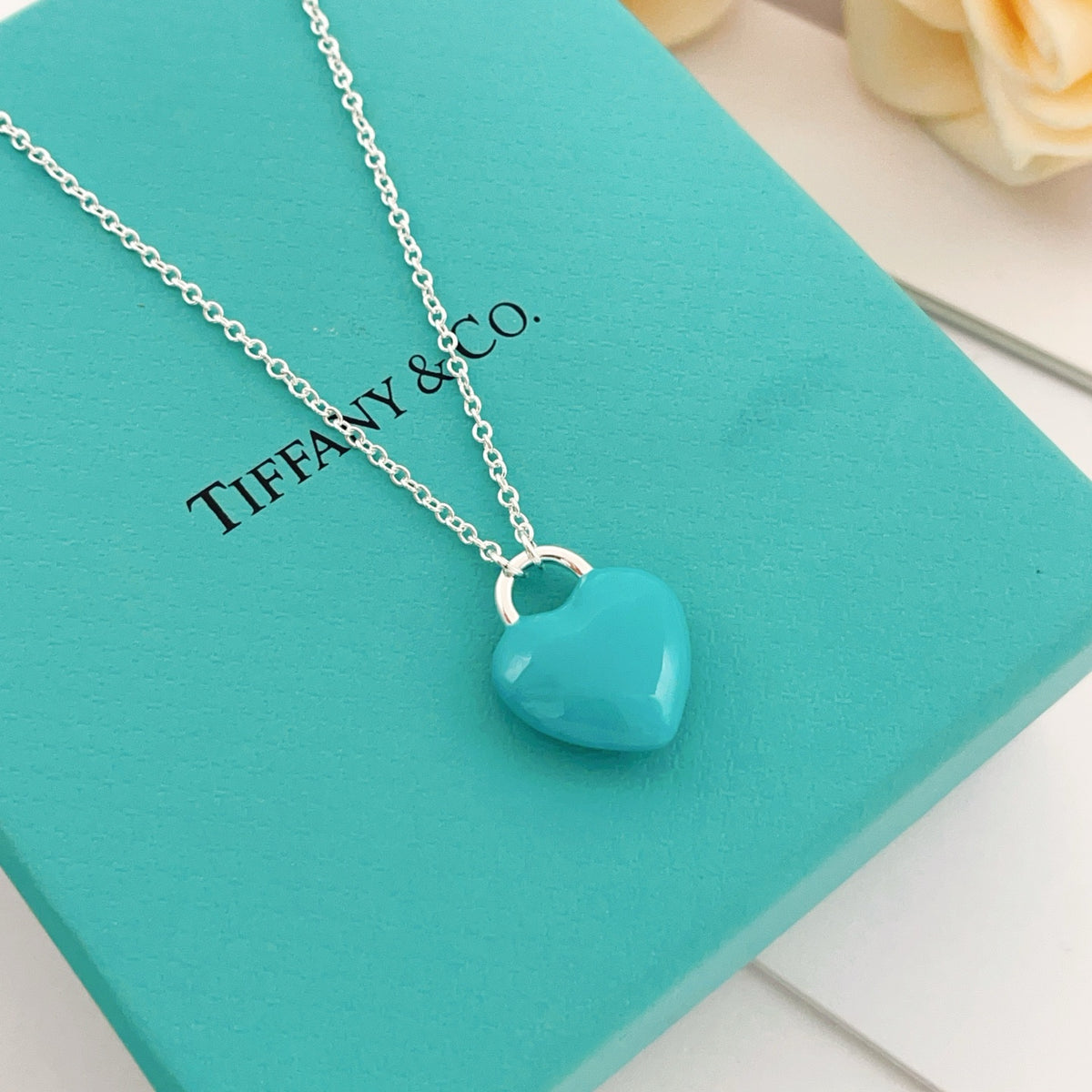 light blue brass heart Necklace for women - alternate angle view 2