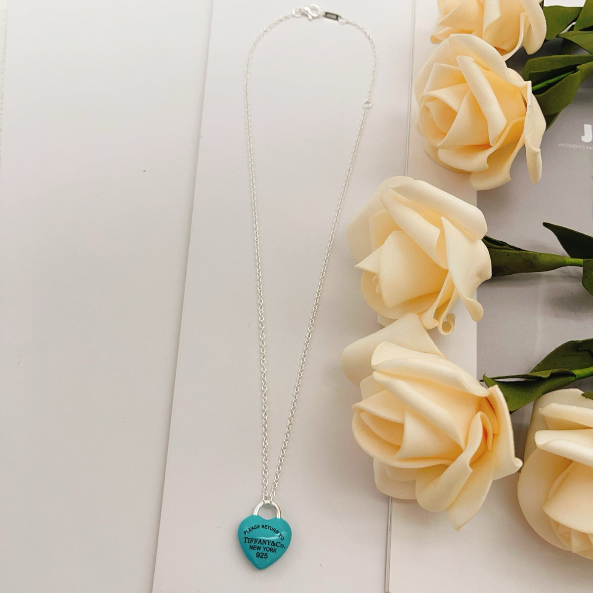 light blue brass heart Necklace for women - alternate angle view 4
