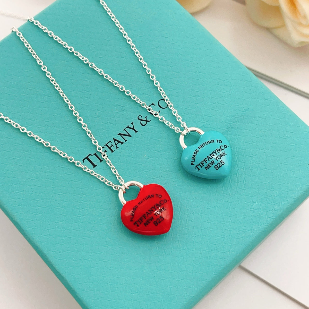 light blue brass heart Necklace for women - alternate angle view 6