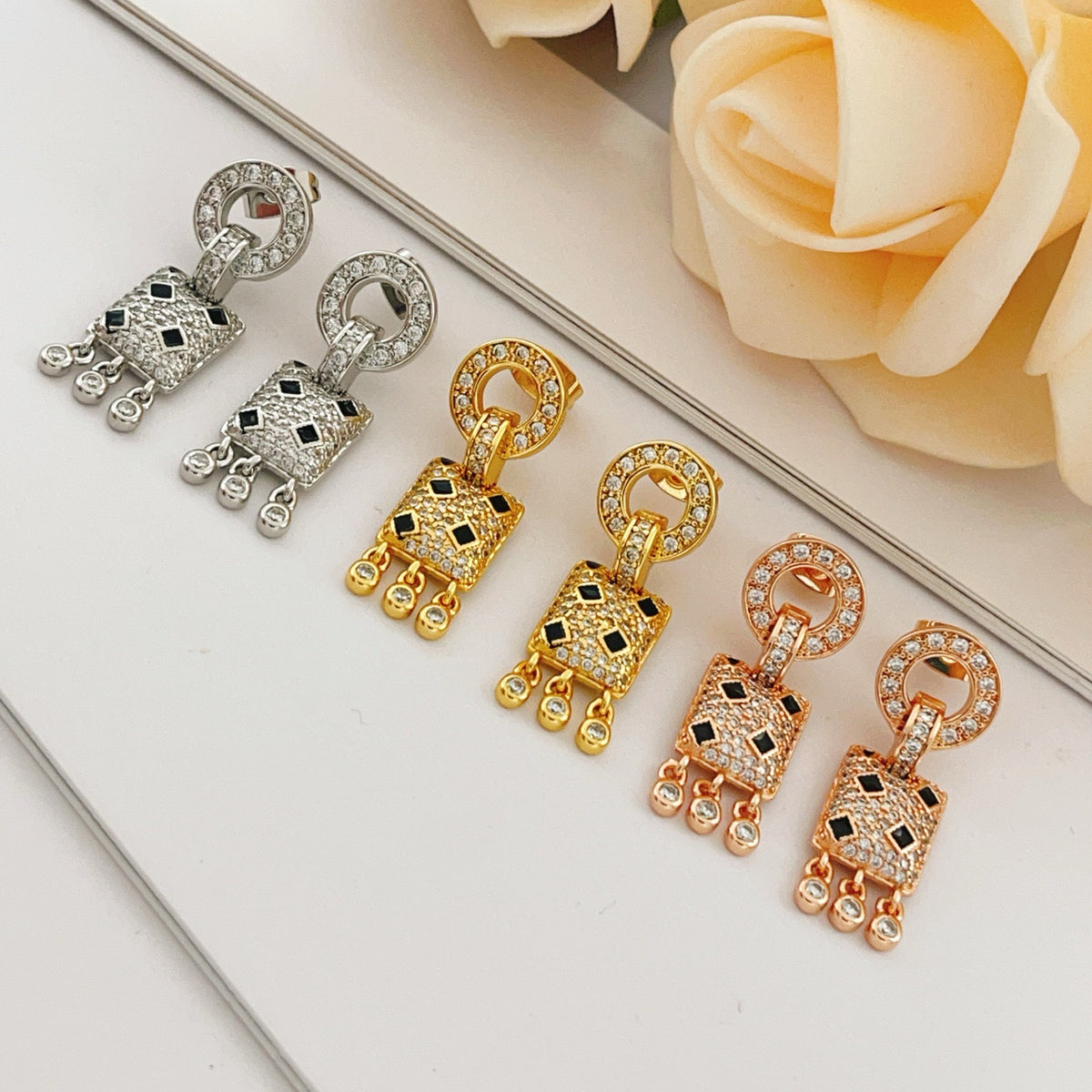 rose gold brass rose Stud Earrings for women - alternate angle view 7