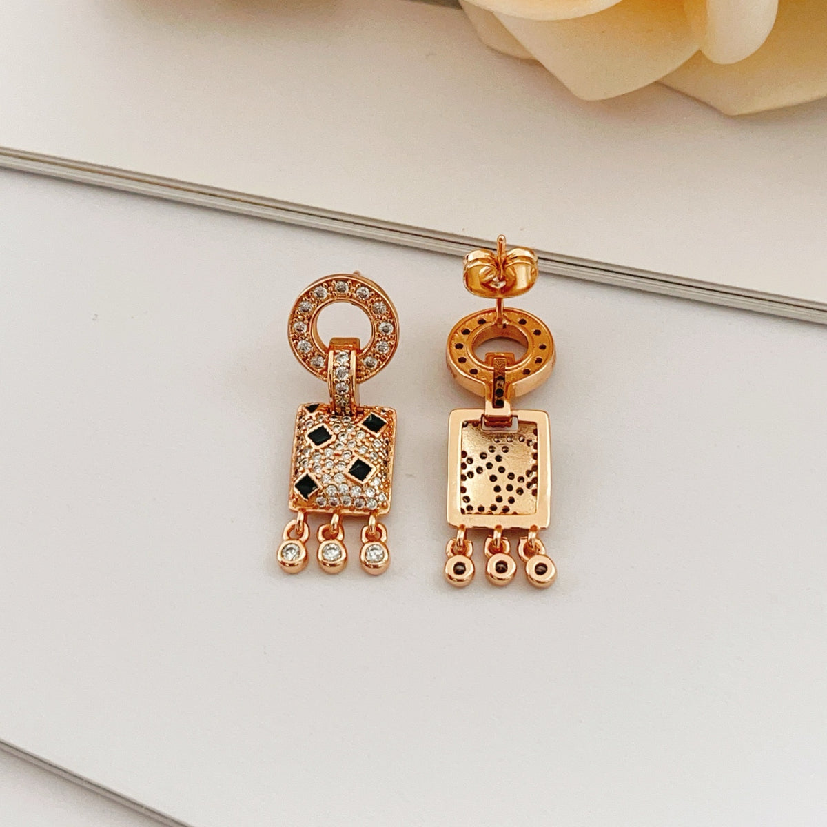 rose gold brass rose Stud Earrings for women - alternate angle view 2