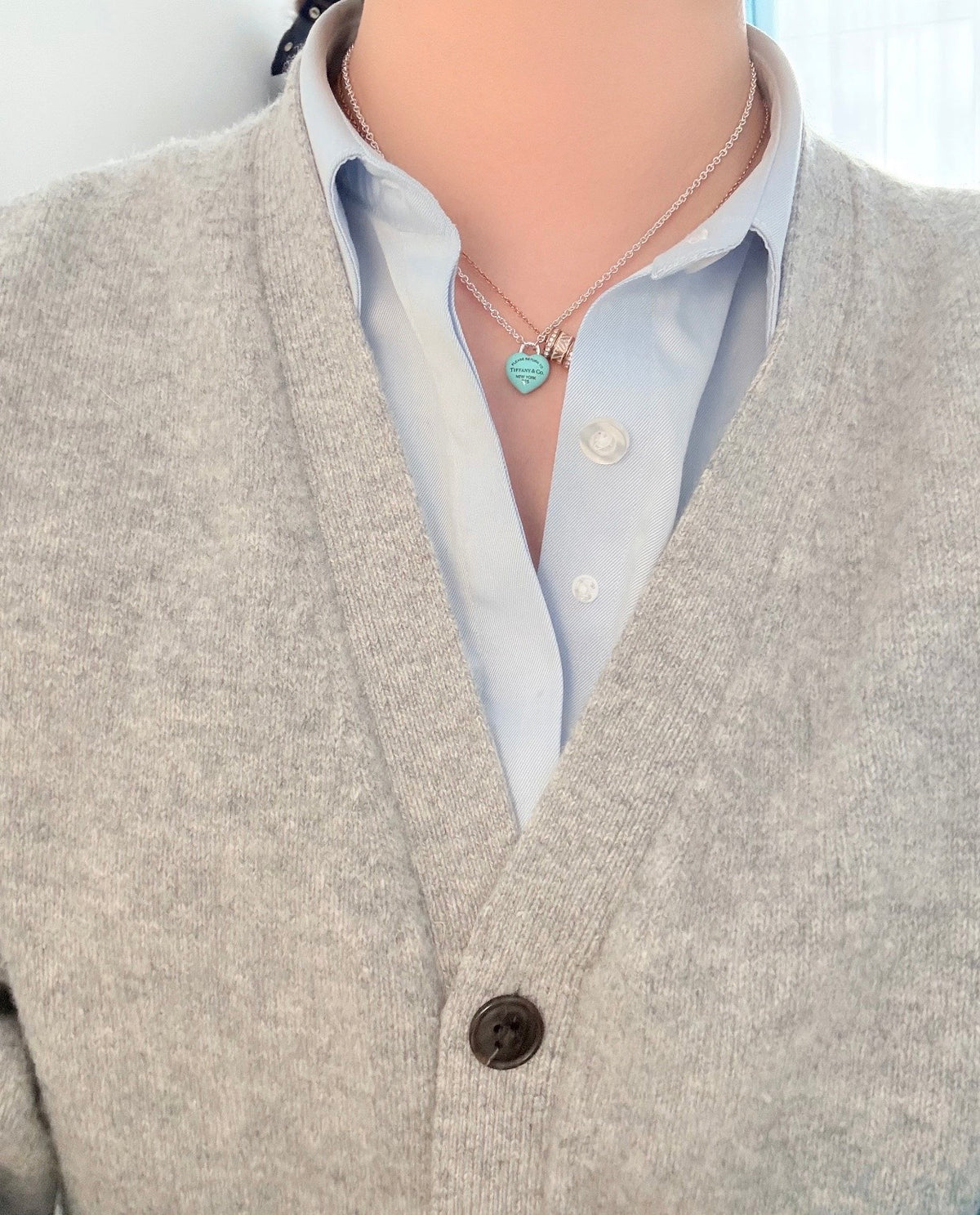 light blue brass heart Necklace for women - alternate angle view 7