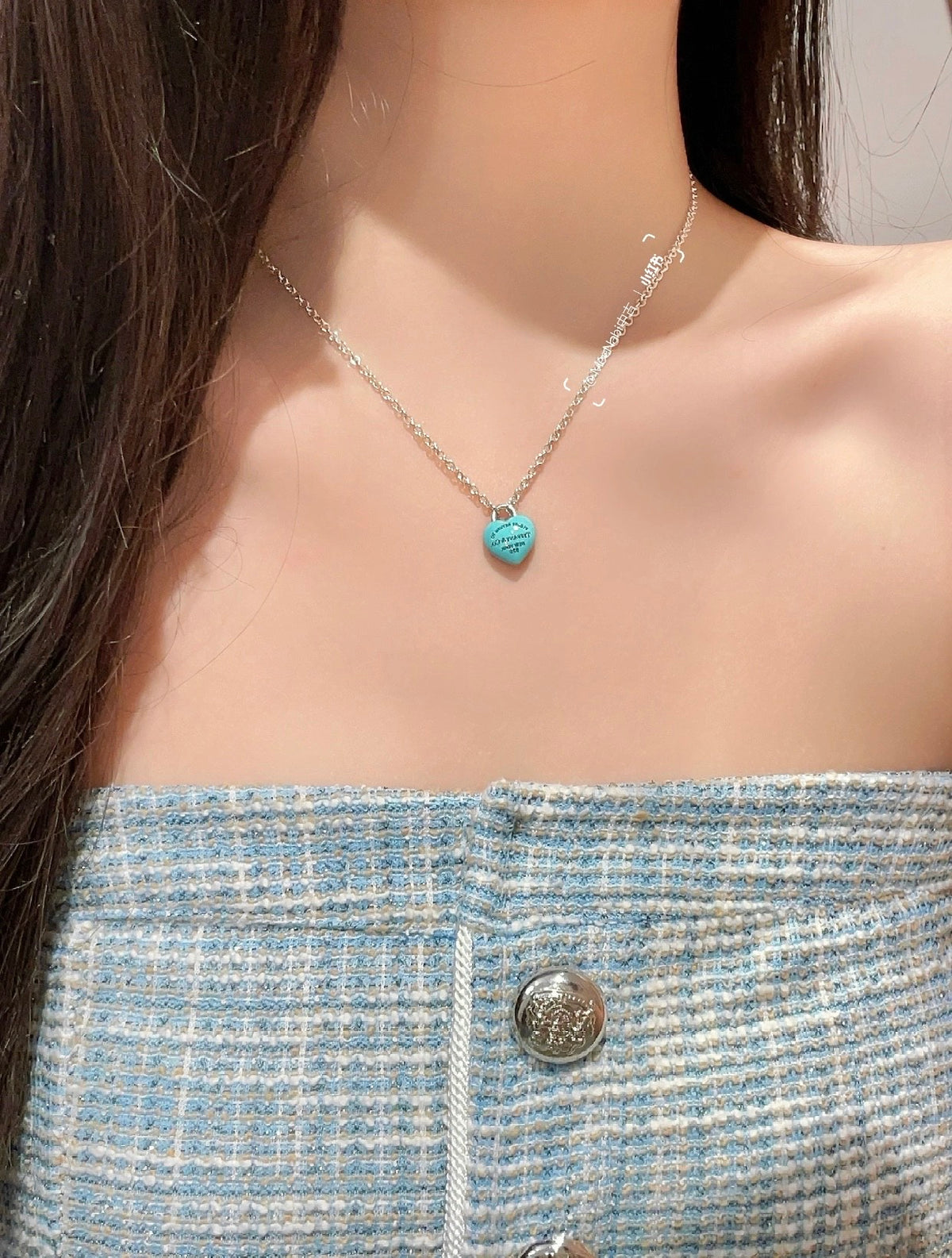 light blue brass heart Necklace for women - alternate angle view 8