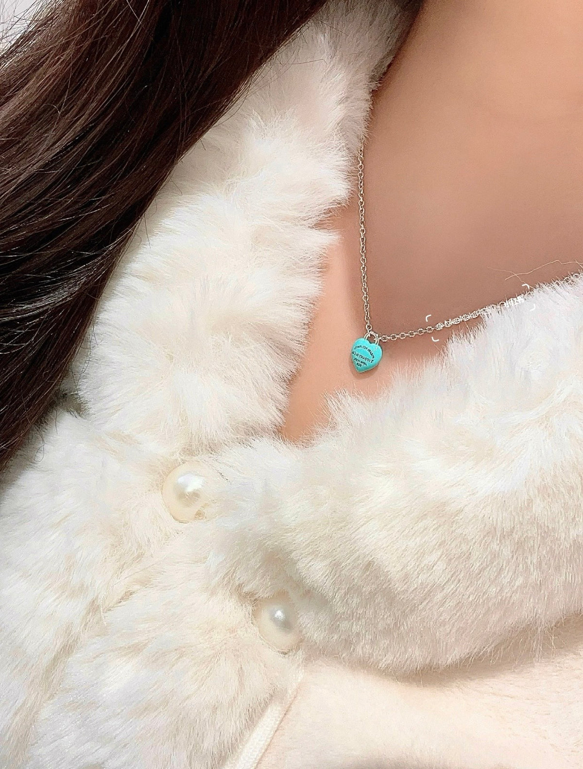 light blue brass heart Necklace for women - alternate angle view 9