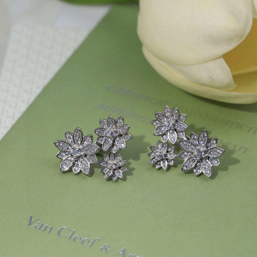 white gold silver post floral Stud Earrings for women - alternate angle view 6