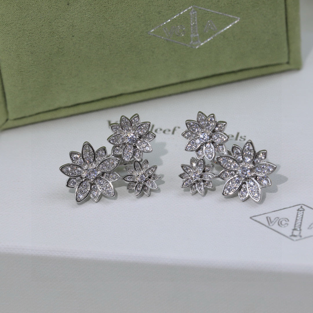 white gold silver post floral Stud Earrings for women - alternate angle view 3