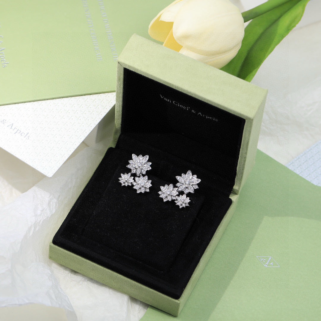 white gold silver post floral Stud Earrings for women - alternate angle view 2