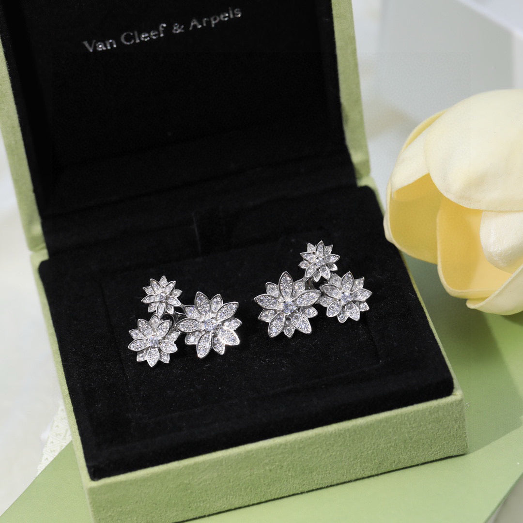 white gold silver post floral Stud Earrings for women - product detail view
