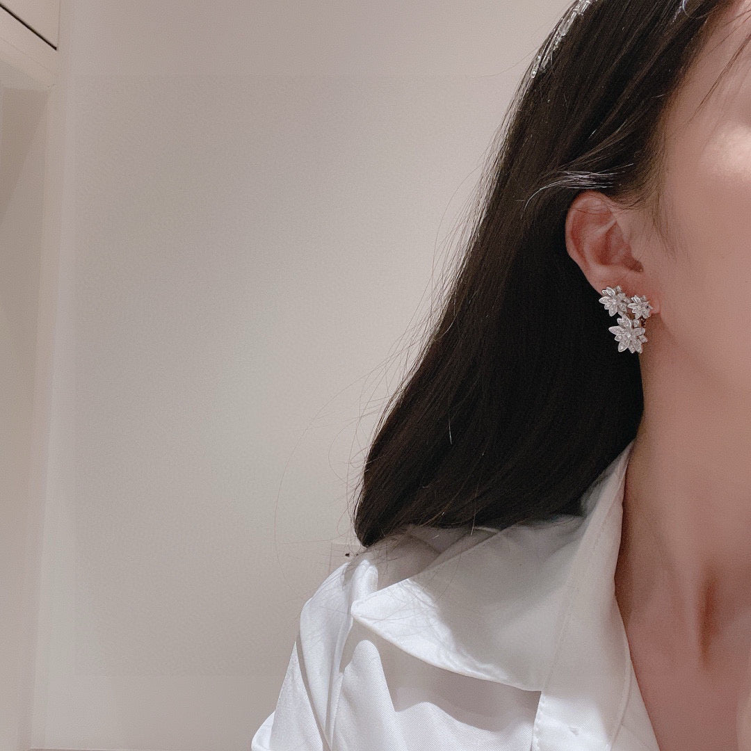 white gold silver post floral Stud Earrings for women - alternate angle view 4