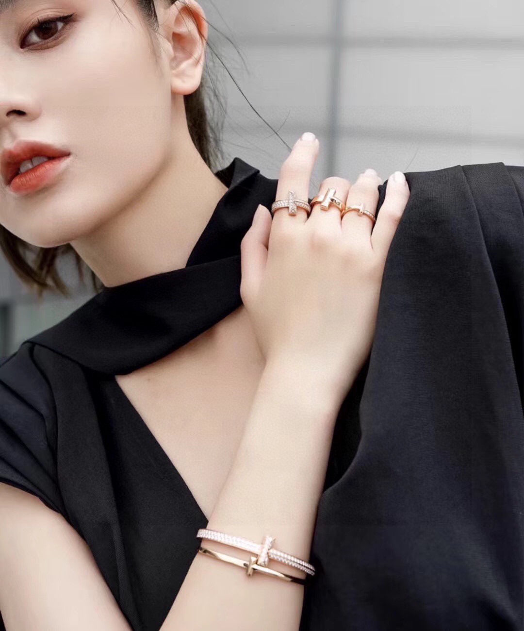 rose gold crystal rose Bangle for women - alternate angle view 5