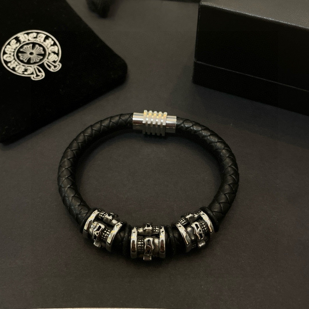 silver leather skull Bracelet for men - product detail view