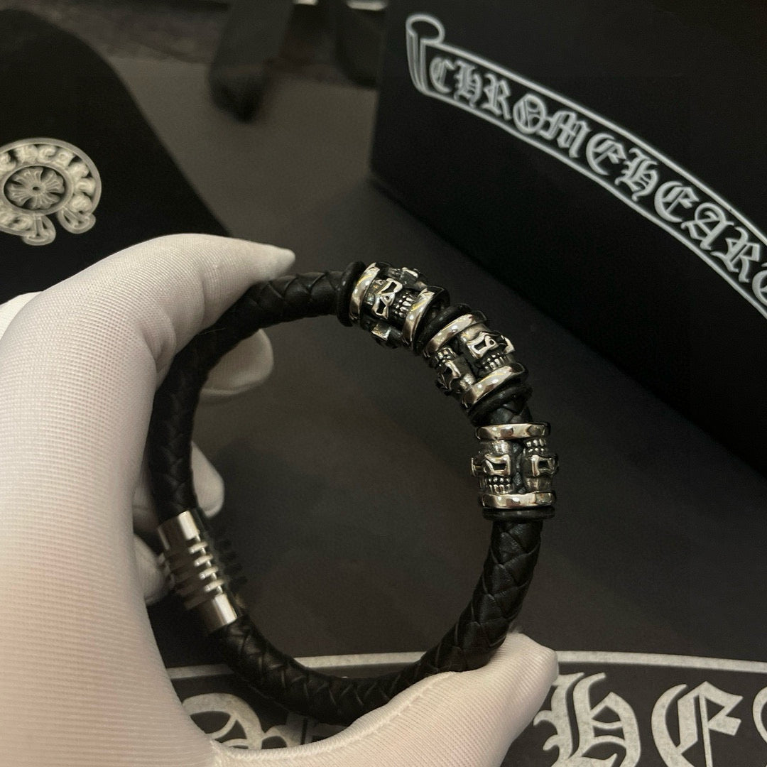 silver leather skull Bracelet for men - alternate angle view 5
