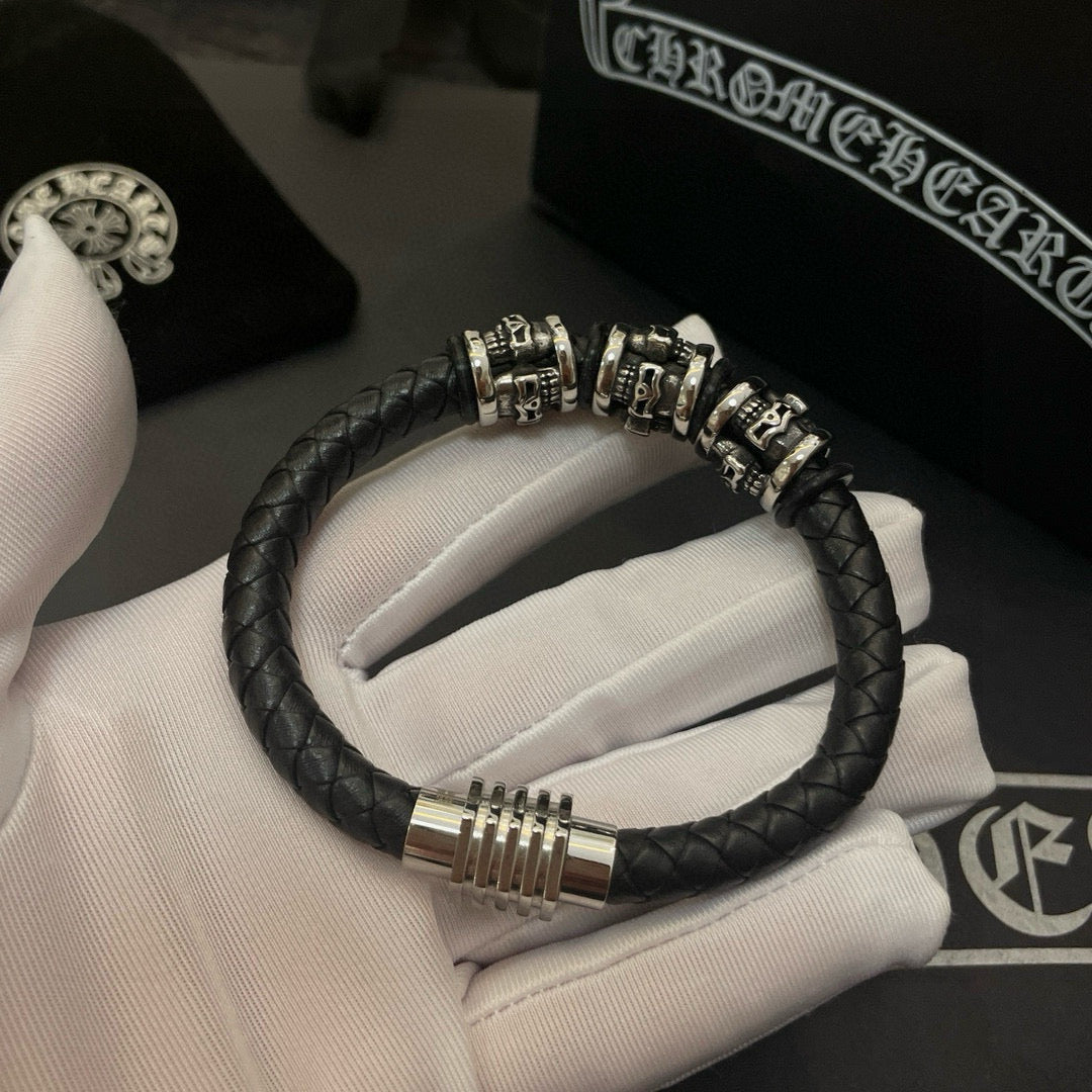 silver leather skull Bracelet for men - alternate angle view 7