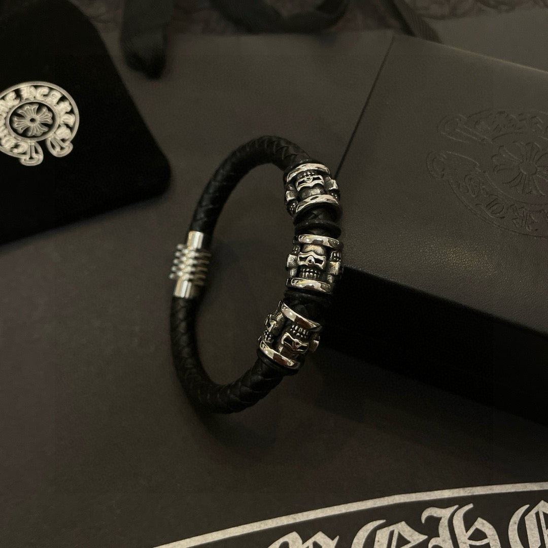 silver leather skull Bracelet for men - alternate angle view 3