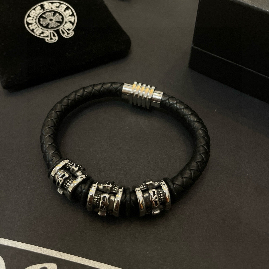 silver leather skull Bracelet for men - alternate angle view 6