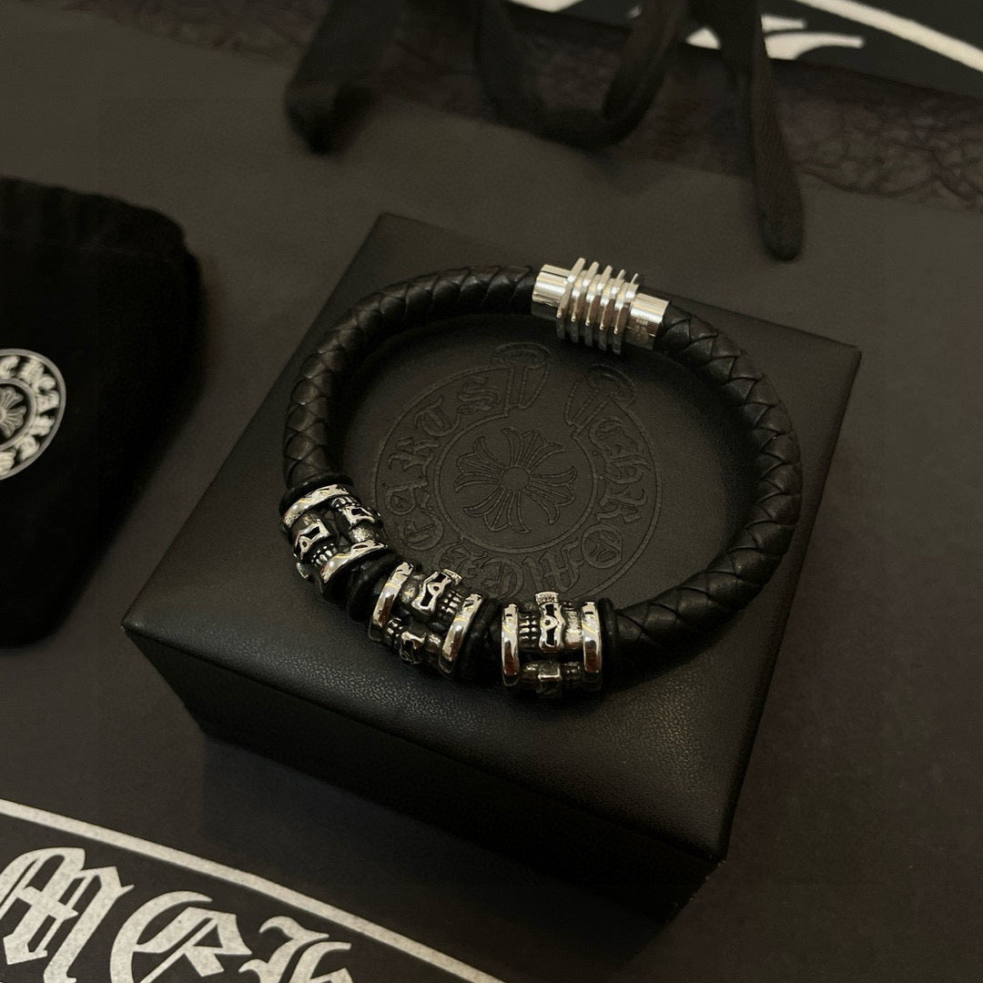 silver leather skull Bracelet for men - alternate angle view 2