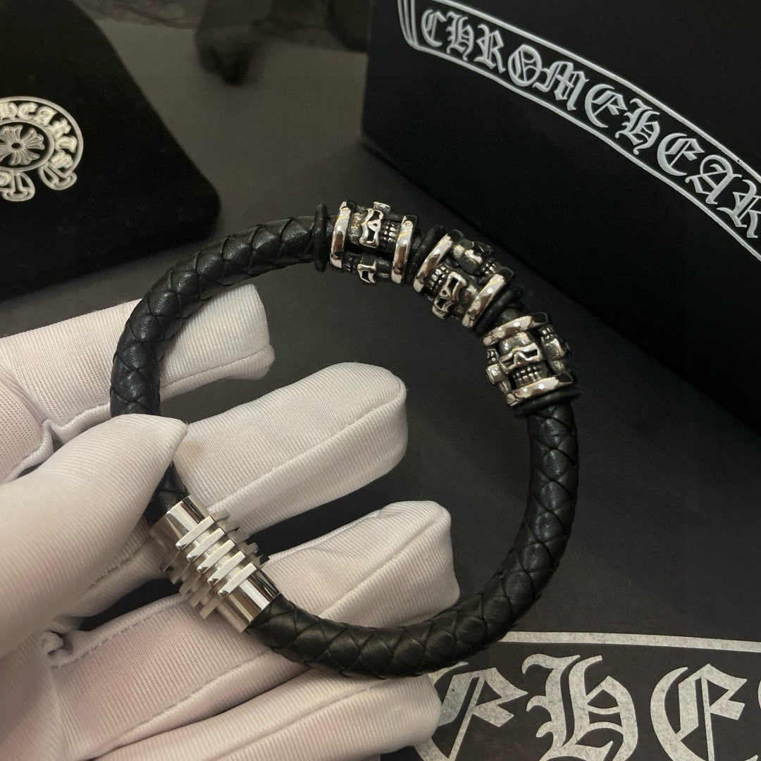 silver leather skull Bracelet for men - alternate angle view 4
