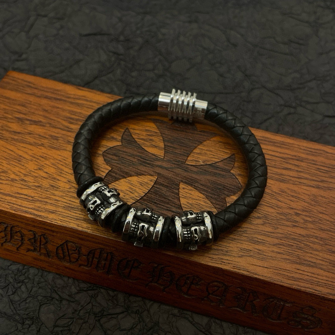 silver leather skull Bracelet for men - alternate angle view 8