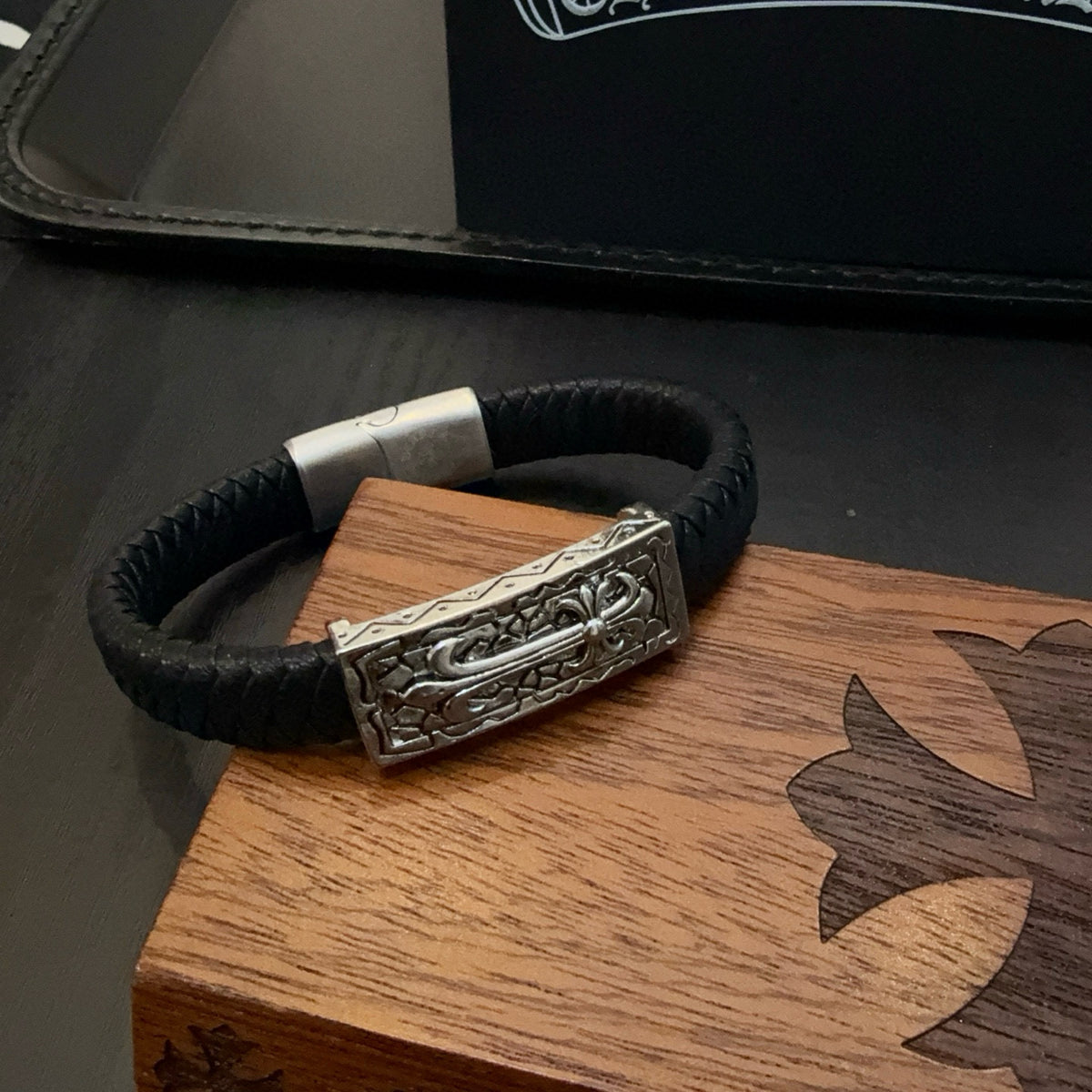 silver leather cross Bangle for men - alternate angle view 5