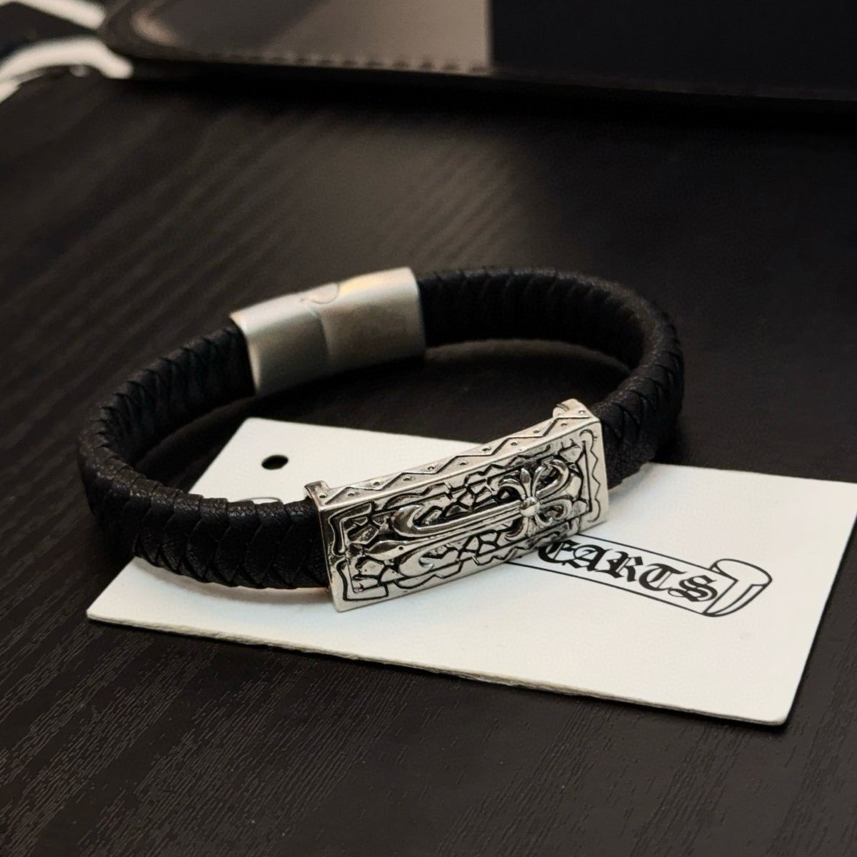 silver leather cross Bangle for men - alternate angle view 8