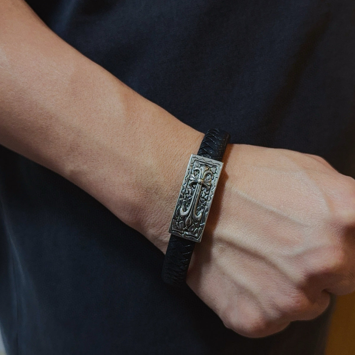 silver leather cross Bangle for men - product detail view