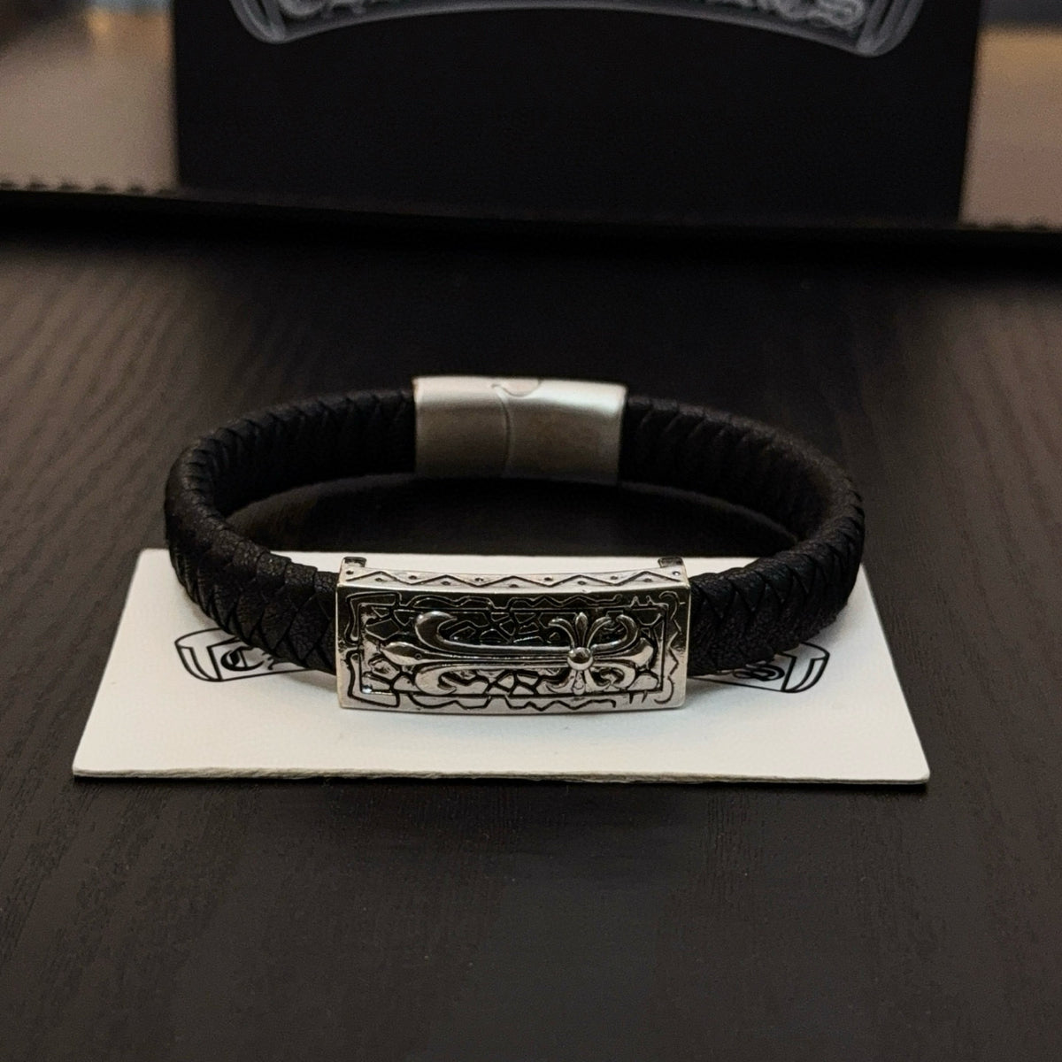 silver leather cross Bangle for men - alternate angle view 7