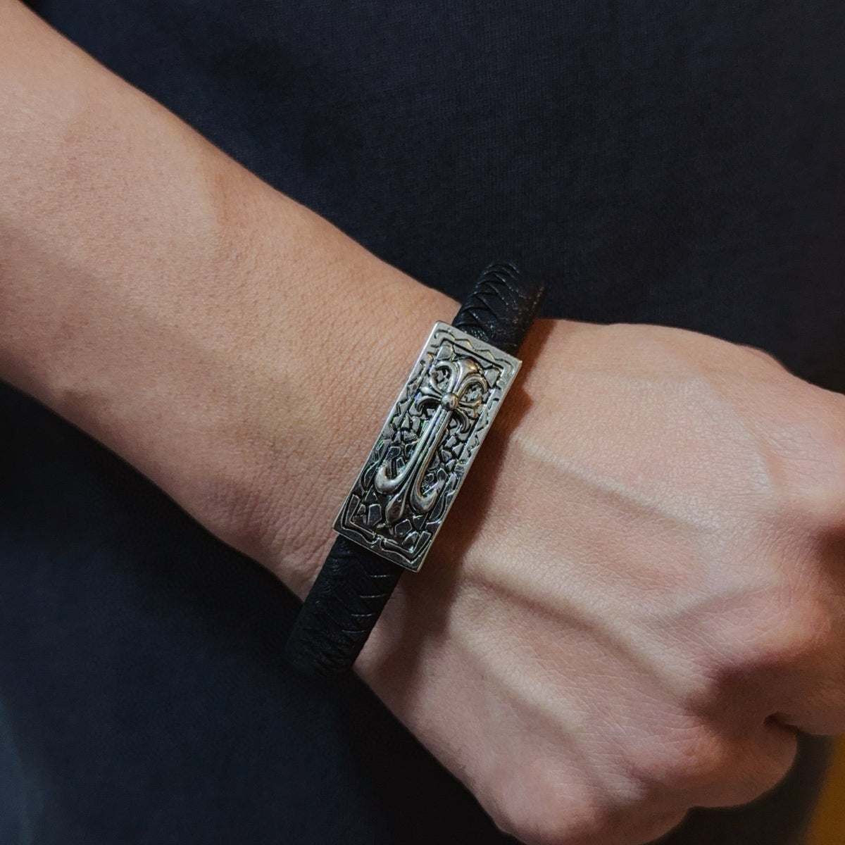 silver leather cross Bangle for men - alternate angle view 2
