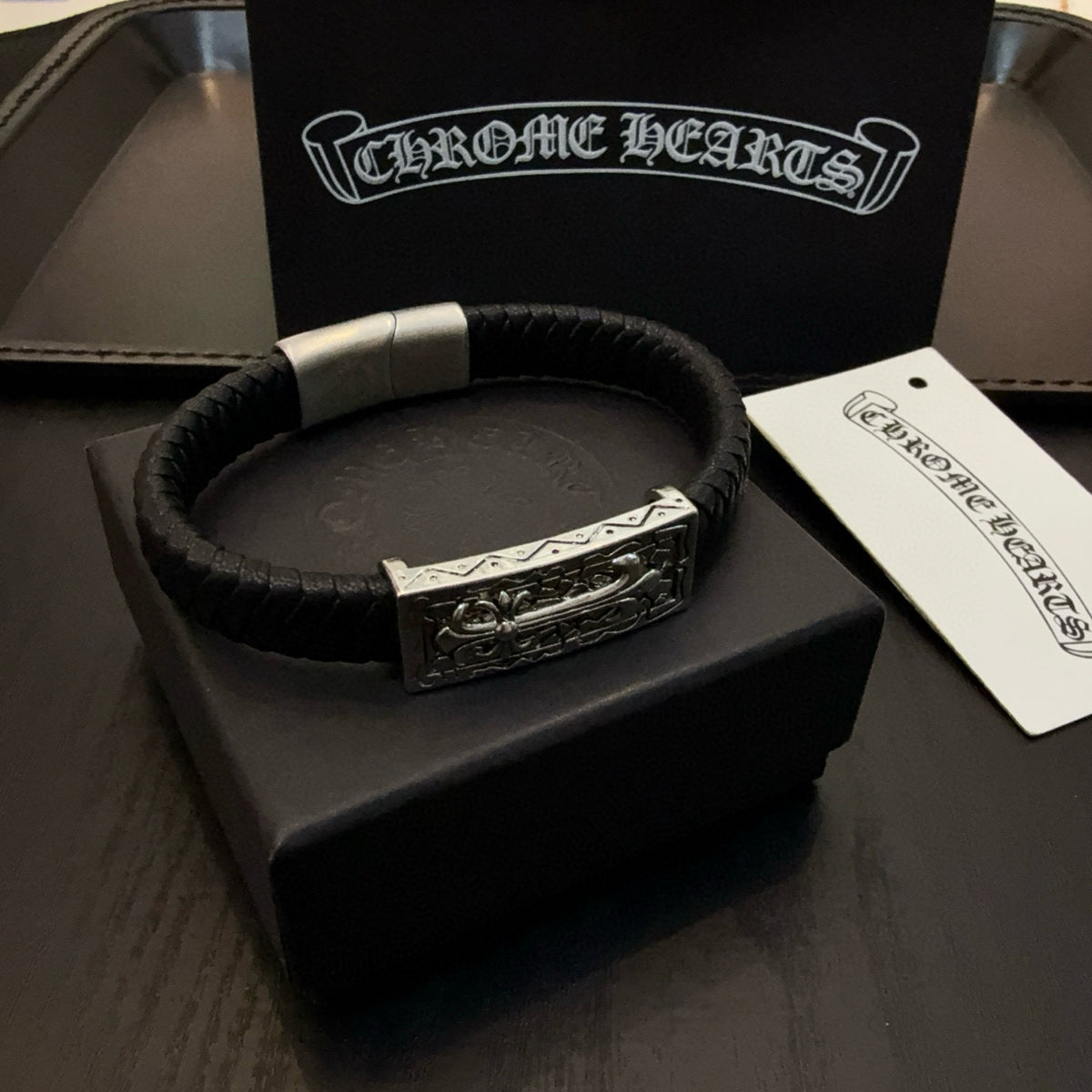 silver leather cross Bangle for men - alternate angle view 3