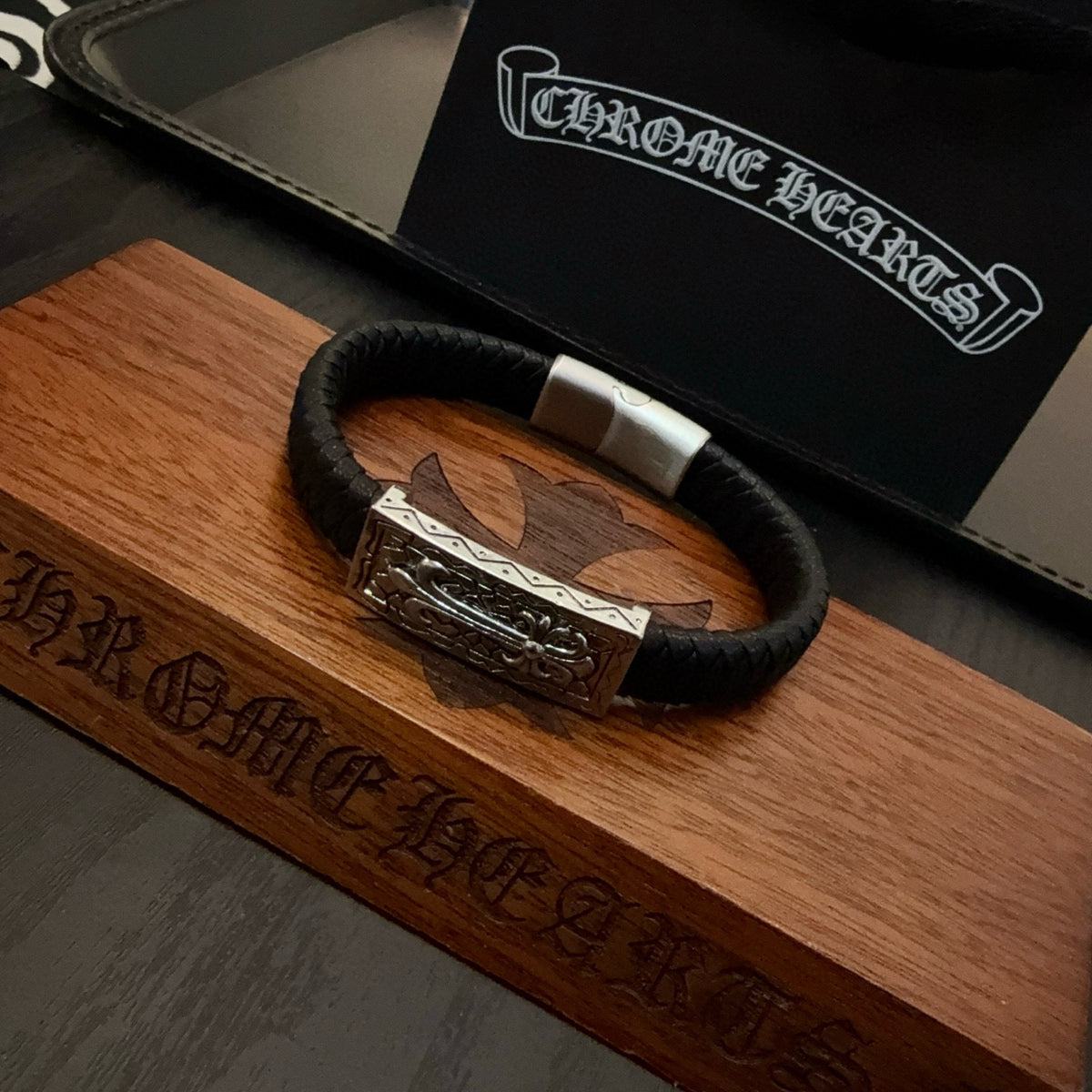 silver leather cross Bangle for men - alternate angle view 6