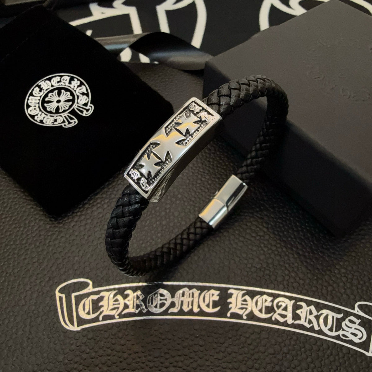 silver leather cross Bracelet for men - alternate angle view 2
