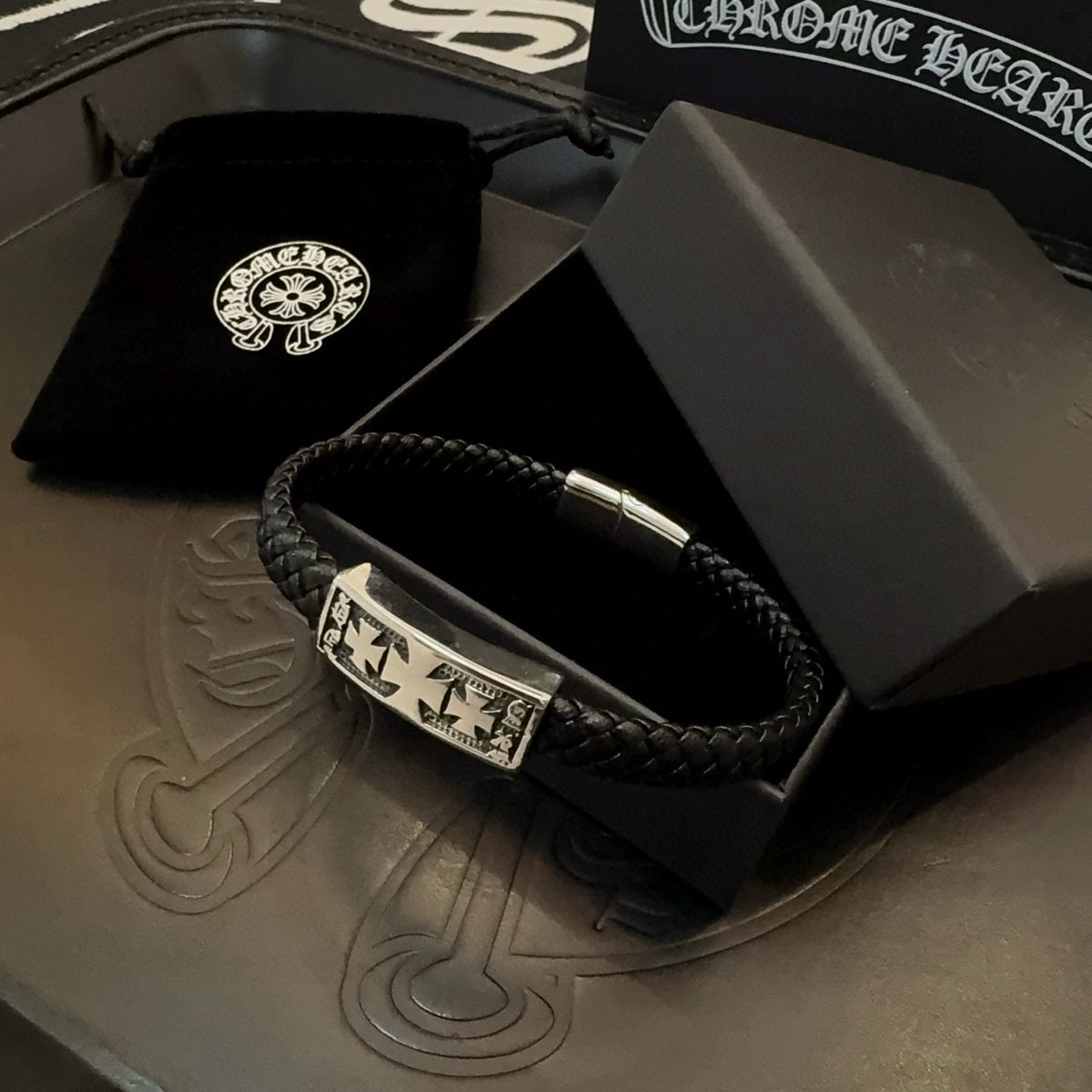silver leather cross Bracelet for men - alternate angle view 3