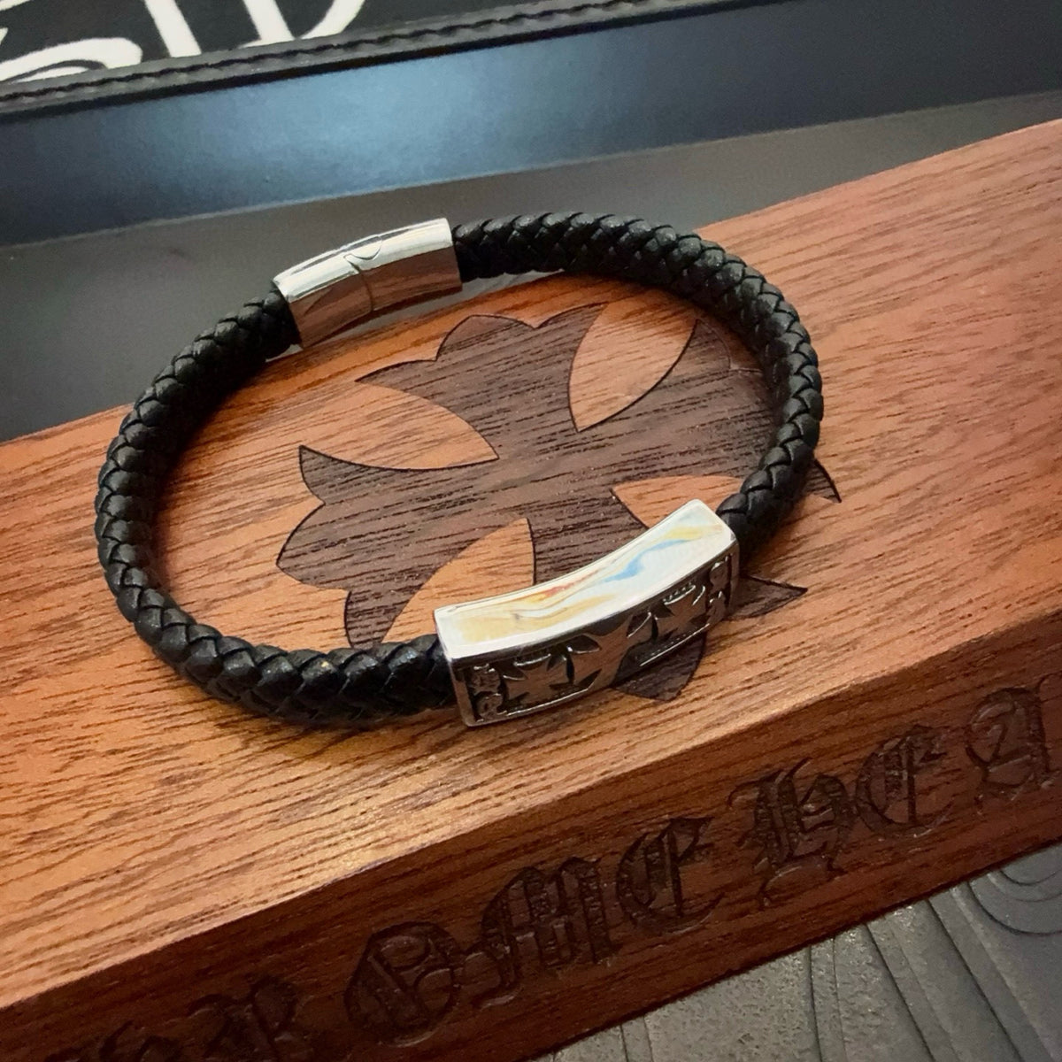 silver leather cross Bracelet for men - alternate angle view 7