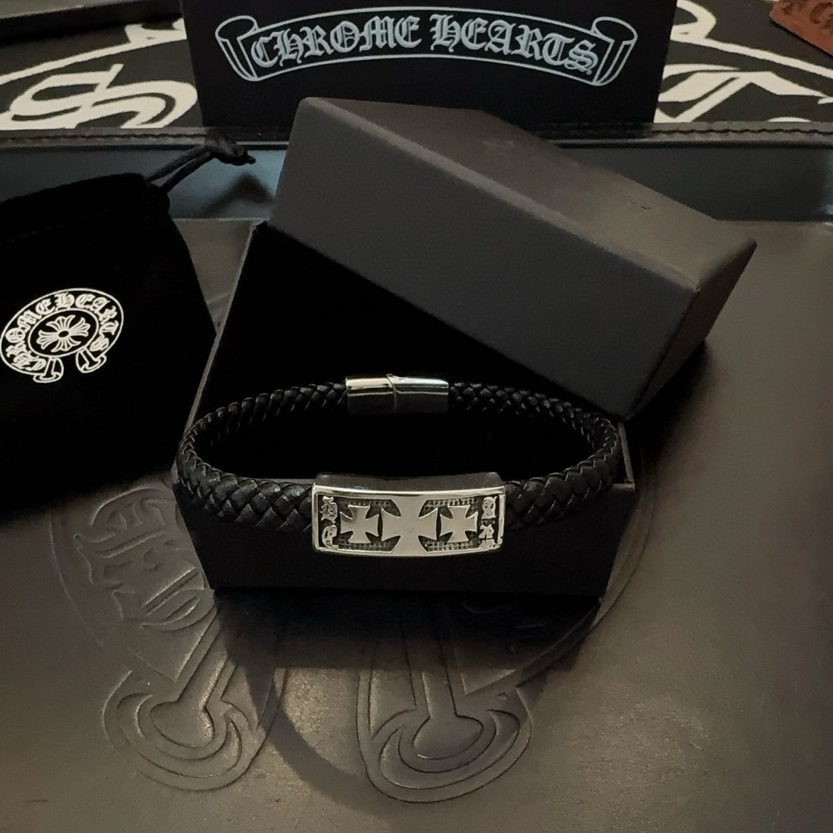silver leather cross Bracelet for men - alternate angle view 4