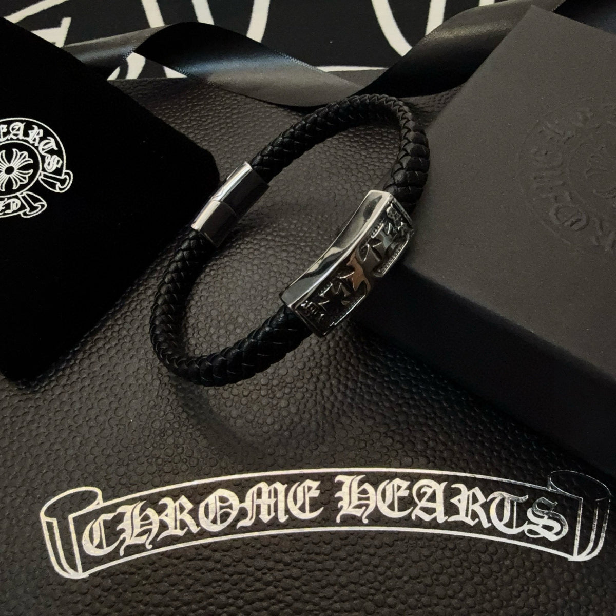 silver leather cross Bracelet for men - product detail view