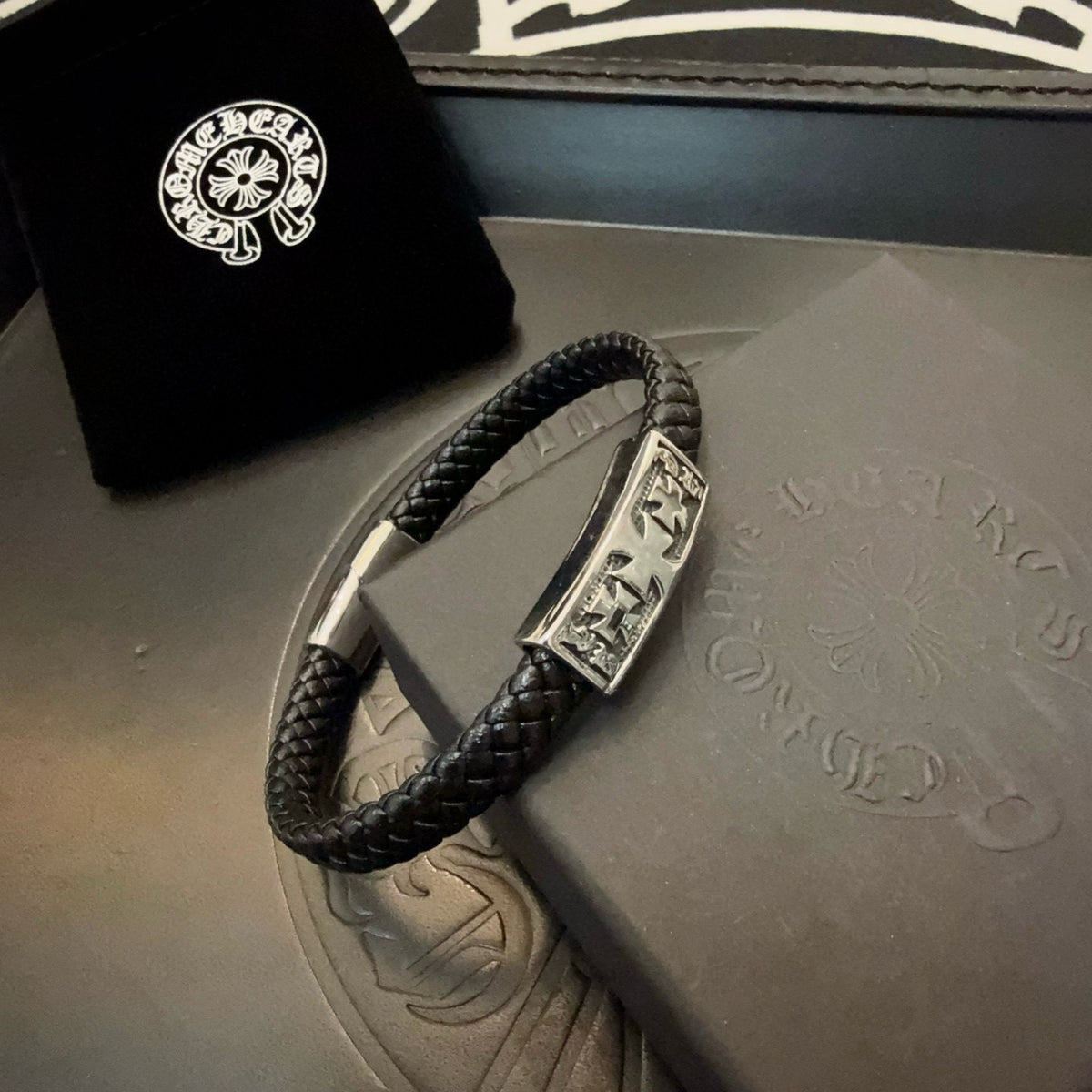 silver leather cross Bracelet for men - alternate angle view 6