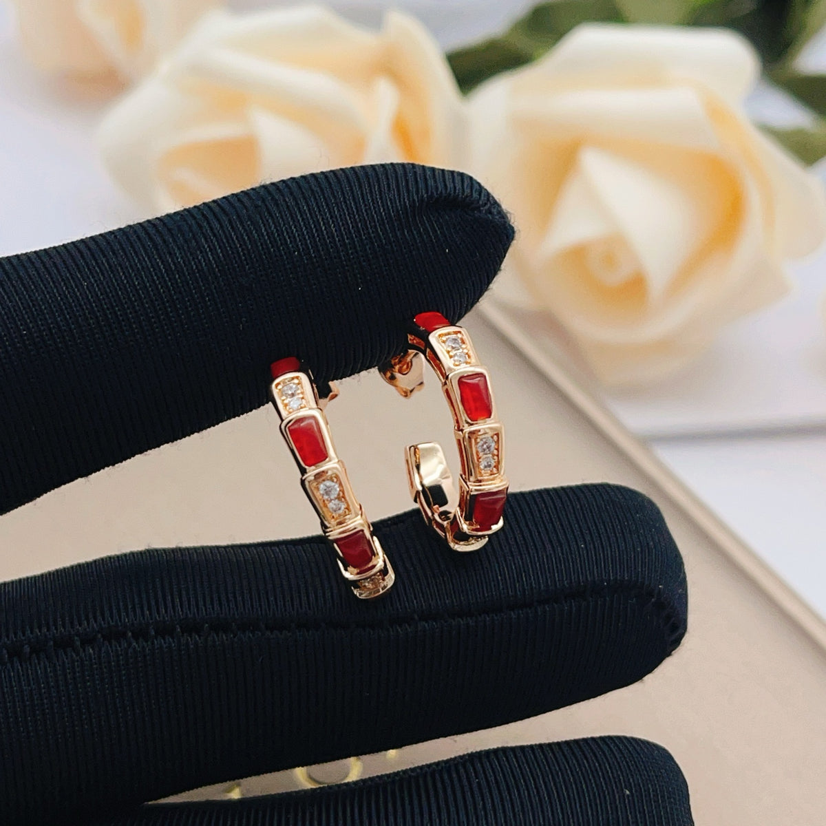 rose gold brass rose Stud Earrings for women - alternate angle view 5