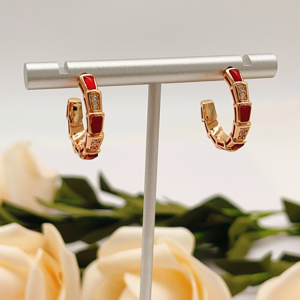 rose gold brass rose Stud Earrings for women - alternate angle view 3