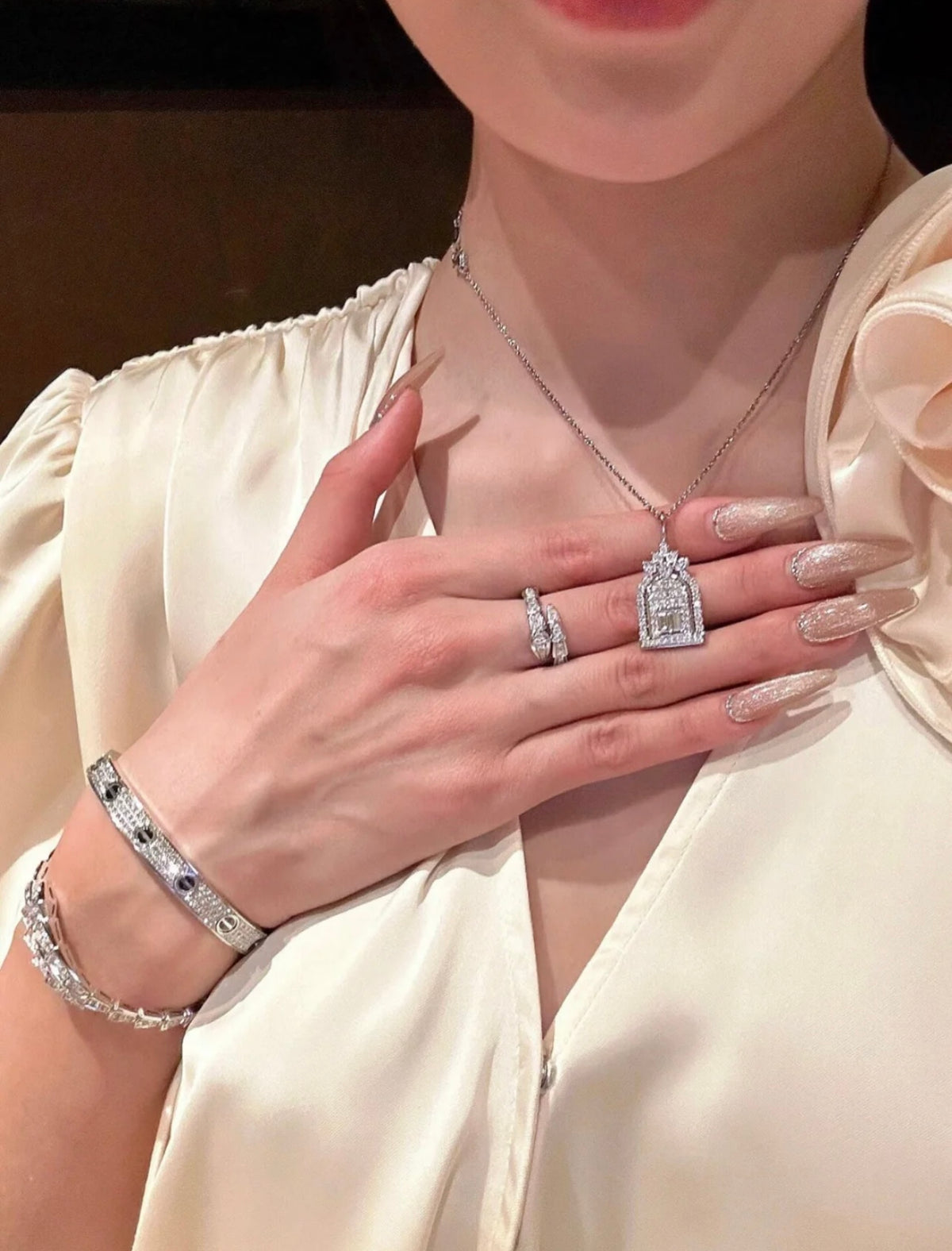silver brass luxury Necklace for women - alternate angle view 9