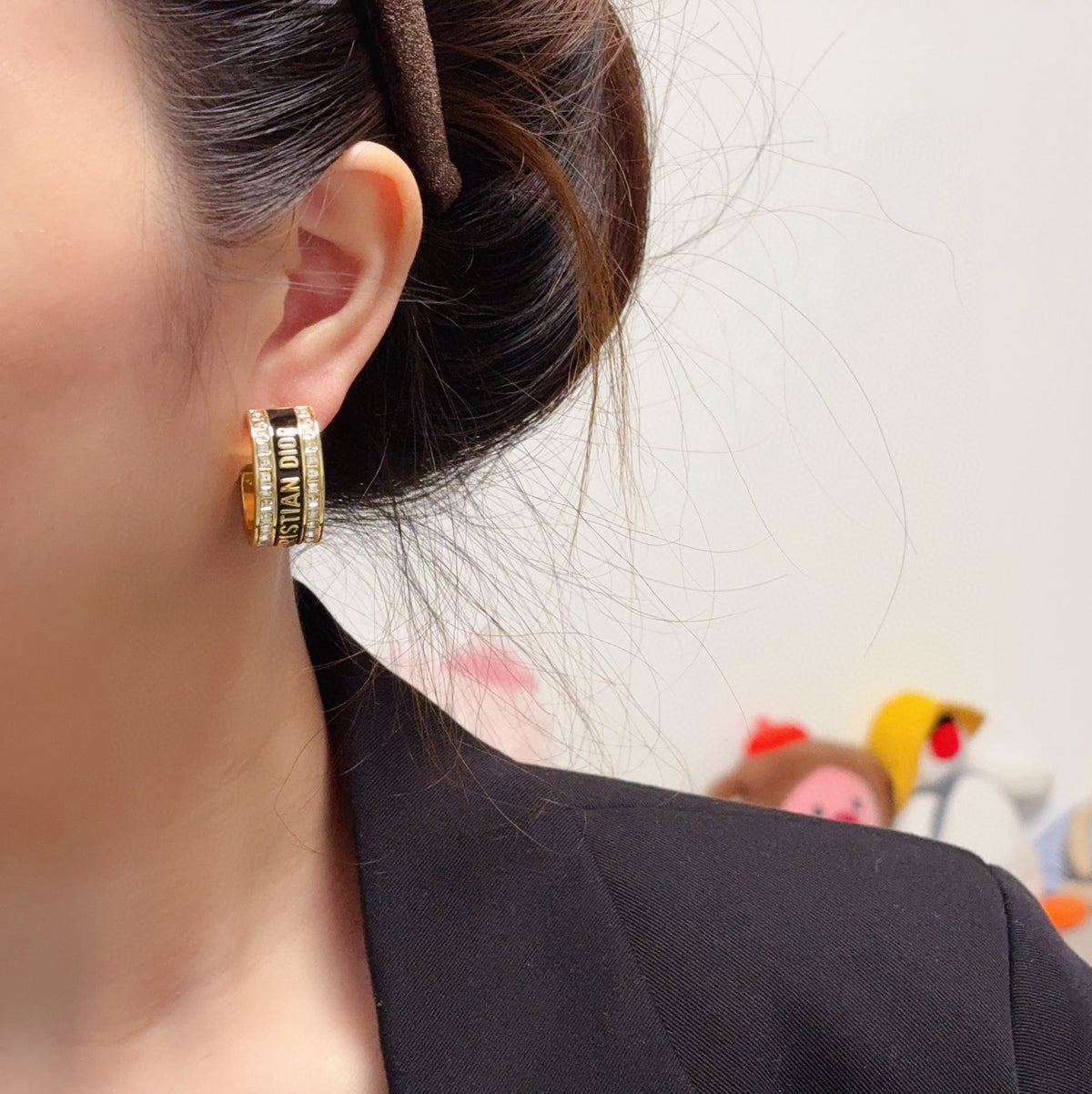 black and white 925 sterling silver crystal inlaid Drop Earrings for women - alternate angle view 2